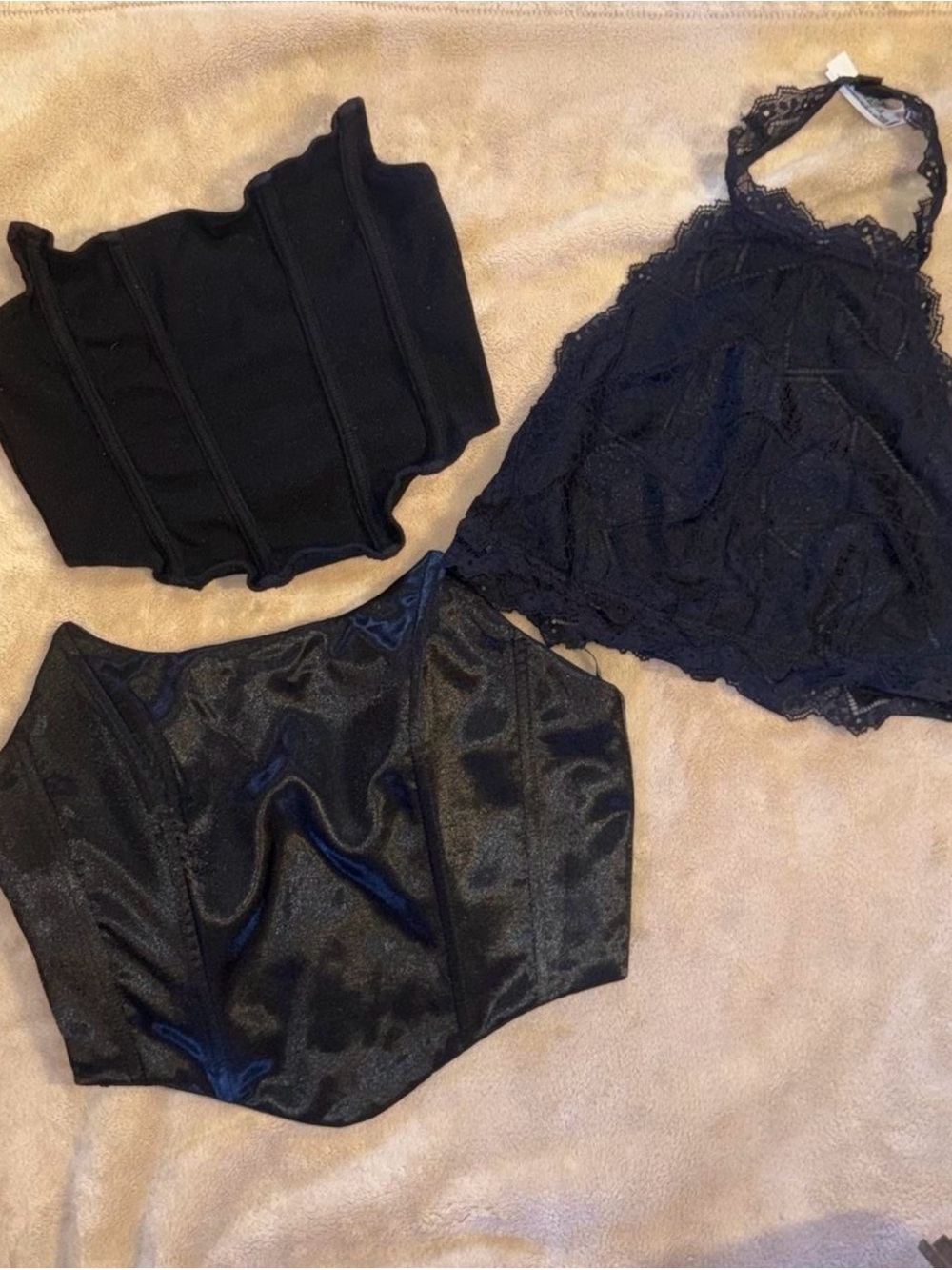 Black Lace Halter Top + 2 Black Corset Tops - 3-Piece Set